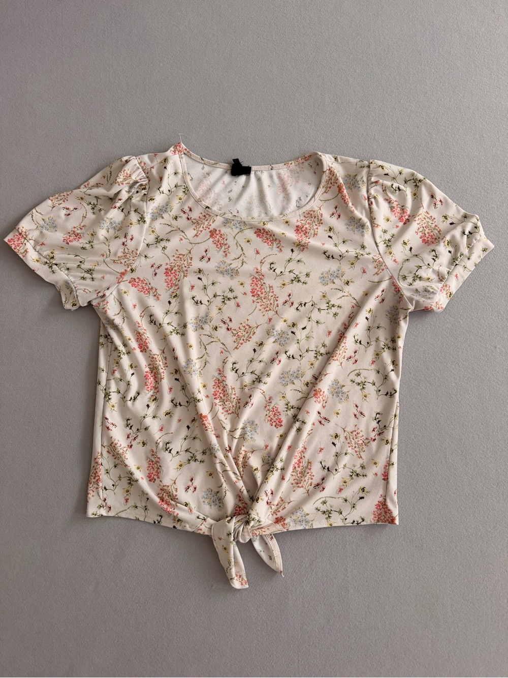 W5 Cream Short Sleeve Tie-Front Top with Pink & Green Floral Print